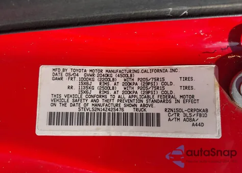 2004 Toyota Tacoma z USA, uszkodzony, nr VIN 5TEVL52N14Z425476